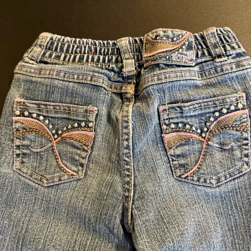 Vtg BONGO Girls 4T Jeans Y2K Boho Embroidered Pockets Flare Denim Elastic Waist